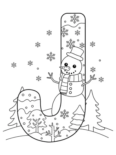 Coloring page with the letter J, snowman, snowflakes, and winter scene for preschoolers.