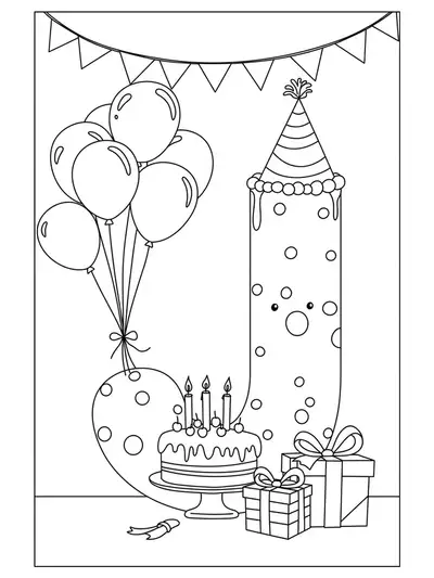 Coloring page with the letter J, balloons, cake, and birthday presents for preschoolers.