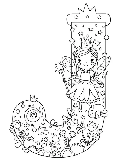 Coloring page with the letter J, fairy princess, stars, and flowers for preschoolers.
