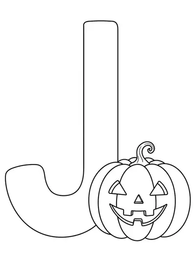 Easy coloring page of a large letter J with a smiling jack-o'-lantern next to it.