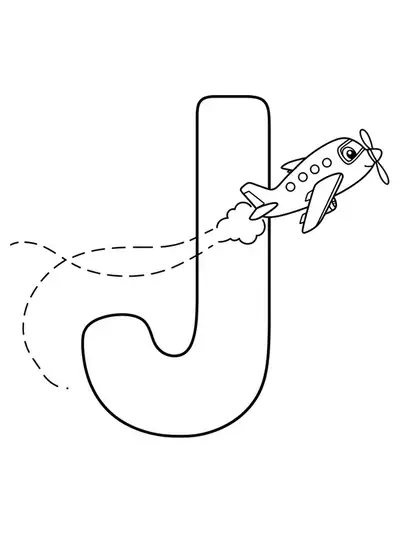 Coloring page of a large letter J with a cute jet plane flying next to it.