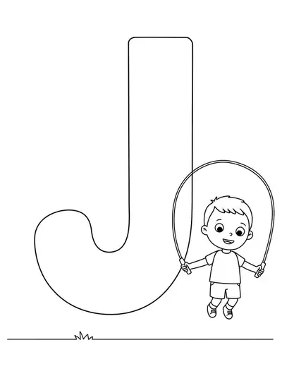 Coloring page of a large letter J with a child using a jump rope.