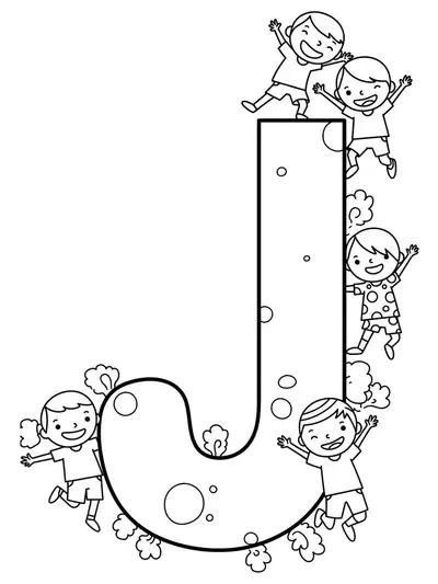 Coloring page with the letter J and kids jumping in playful poses for preschoolers.