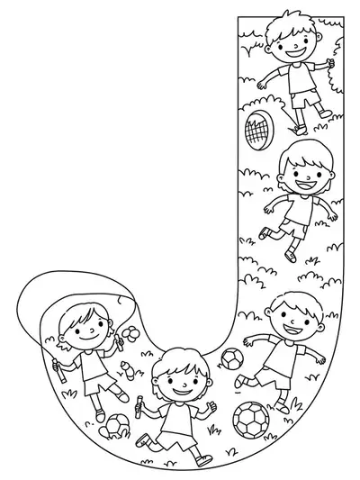 Coloring page with the letter J, kids jogging, jump ropes, and sports equipment for preschoolers.