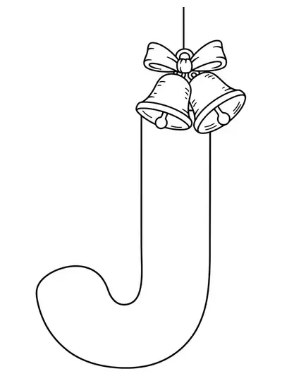 Easy coloring page of a big letter J with large jingle bells hanging nearby.