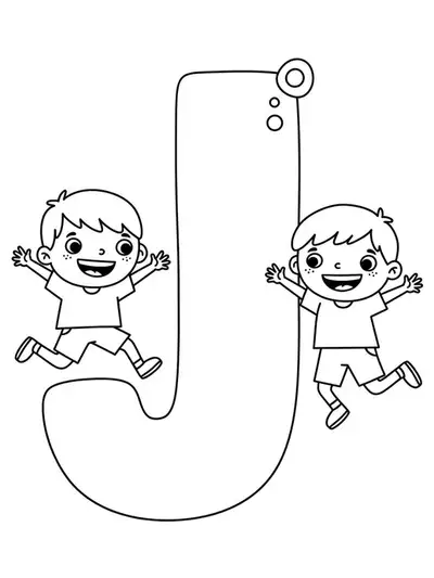 Coloring page of a big letter J with two happy children jumping beside it.