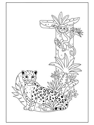 Black and white coloring page with the letter J, jaguar, monkey, and jungle plants for preschoolers.