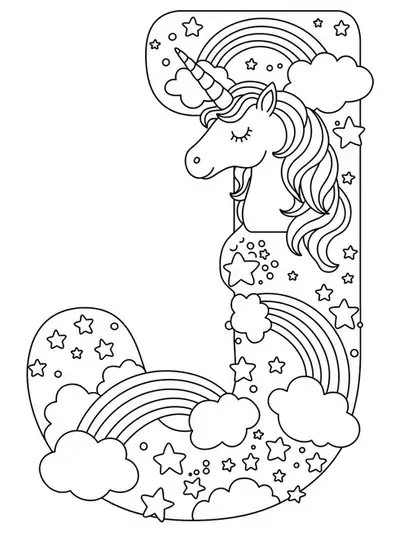 Coloring page with a medium-detail letter J, a unicorn, rainbows, and stars for elementary children.