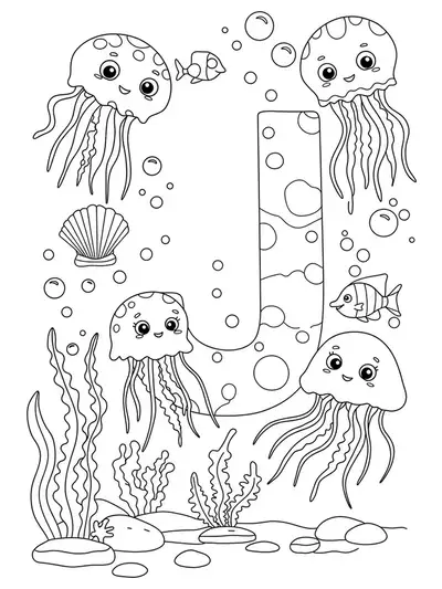 Coloring page featuring a medium-detail letter J with multiple cartoon jellyfish, seaweed, and bubbles for elementary kids.