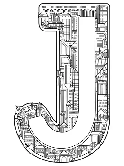 Stylized letter J as part of a city skyline with notable architectural details, medium complexity black and white coloring page for adults.