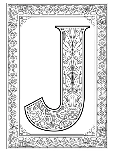 Letter J surrounded by geometric and ornamental Art Deco patterns, medium complexity line art for adult coloring.