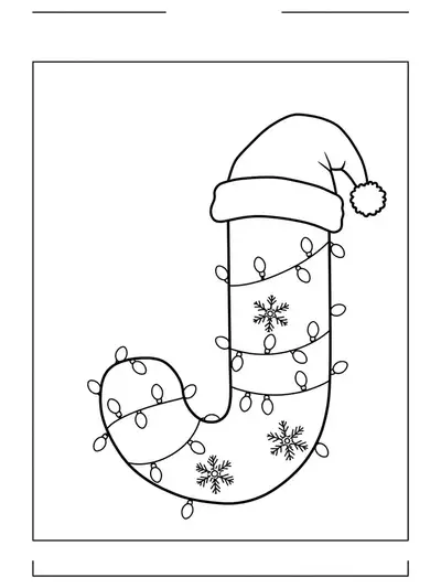 Christmas coloring page with a large letter J, Santa hat, lights, and snowflakes, made for elementary kids.