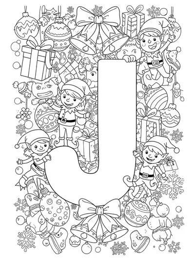 Line art of a big letter J with elves, jingle bells, ornaments, and Christmas patterns wrapped around it.