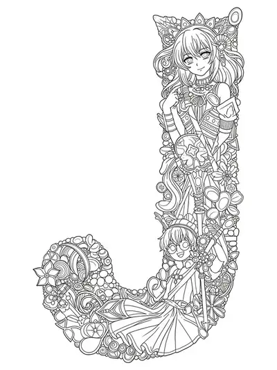 Letter J with elaborate anime costume patterns, wigs, accessories, and manga backgrounds