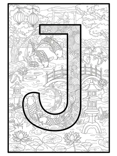 Letter J surrounded by koi fish, lotus flowers, garden bridges, and intricate water patterns