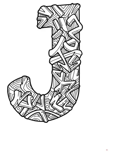 Intricate letter J with Japanese street style graffiti elements, kanji, and complex urban patterns