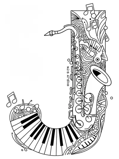 Complex letter J surrounded by jazz instruments, musical notes, and festival patterns
