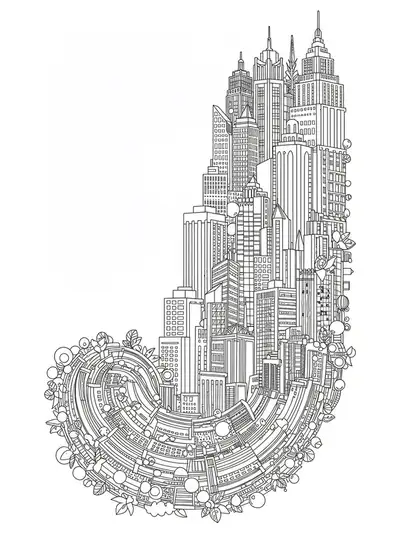 Letter J integrated into a detailed skyscraper cityscape with jetstreams and architectural elements