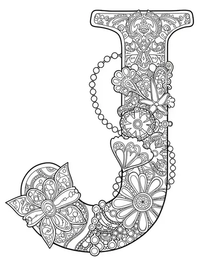 Letter J embellished with detailed jewelry, gems, ornate chains, and filigree patterns