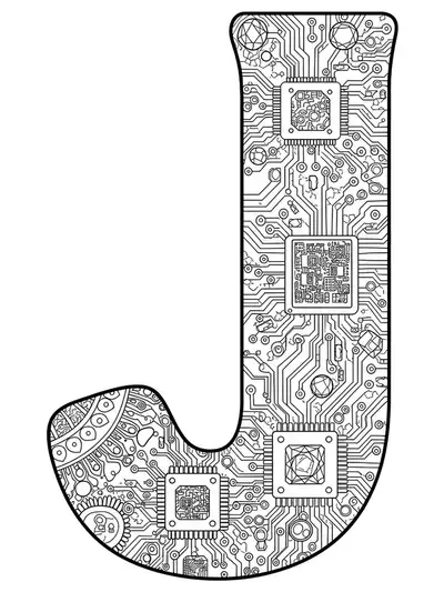 Letter J merged with circuit board patterns, microchips, and gem motifs for a techno-jewelry look