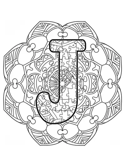 Letter J at the center of a complex mandala made of interlocking jigsaw puzzle pieces and geometric patterns