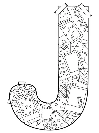 Letter J surrounded by collage-style doodles, washi tape, handwritten notes, and paper textures