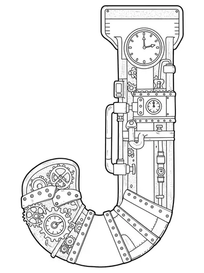 Letter J designed with interlocking gears, clockwork, machinery, and detailed steampunk elements