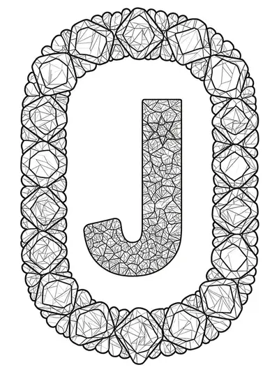 Letter J set within a gemstone mosaic pattern of geometric shapes, black and white medium difficulty coloring page for adults.