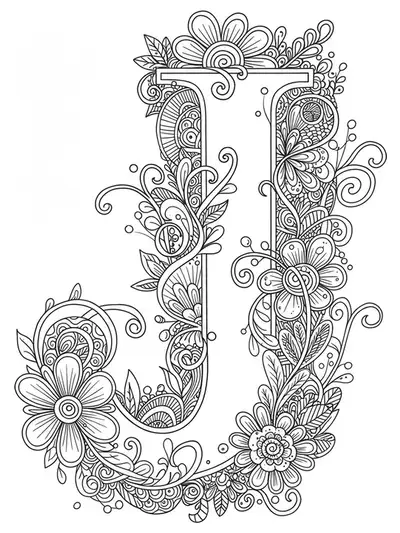 Letter J encased in a web of detailed, tangled botanical stems, leaves, and abstract florals.
