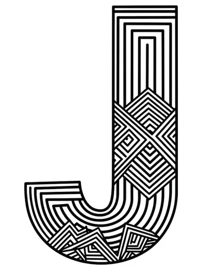 Letter J set within a field of intricate optical illusion patterns and geometric tricks.