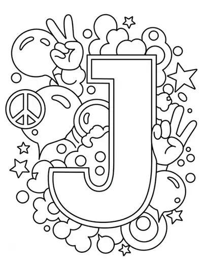 Line art of letter J with retro 70s elements like bubbles, stars, and peace signs