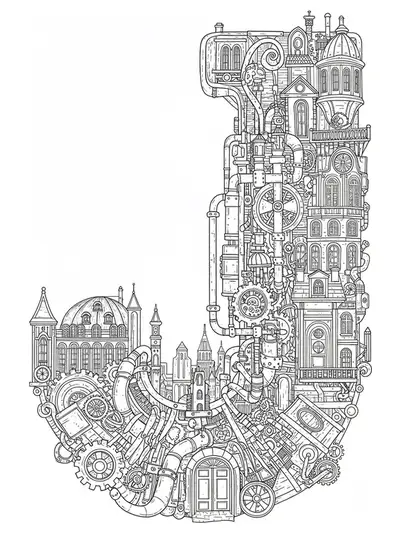 Complex steampunk cityscape forming the letter J with gears, pipes, and Victorian architecture.