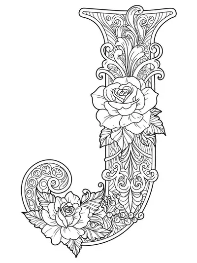 Letter J rendered in a tattoo-inspired style with filigree, roses, and abstract motifs.