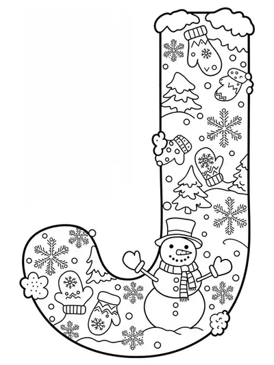 Medium-detail coloring page of the letter J with snowflakes, snowmen, and winter accessories for elementary students.