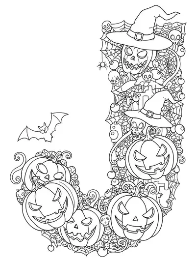 Line art of a big letter J with jack-o'-lanterns, bats, and spiderwebs, all with complex detailing.