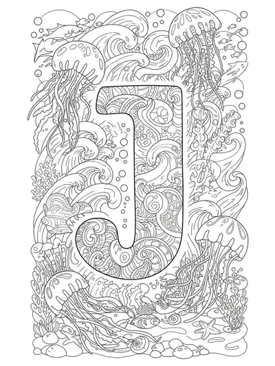 Line art of a large letter J with swirling jellyfish, ocean waves, and small sea creatures around it.
