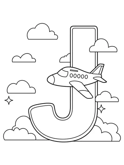 Big letter J and cartoon jet plane flying with clouds, easy coloring page for elementary children.