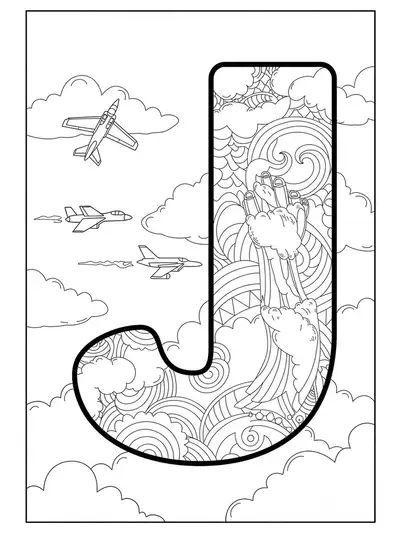 Line art of a large letter J with jet planes, clouds, and detailed sky patterns.