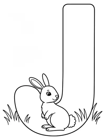 Big letter J with a cartoon jackrabbit hopping and grass, easy coloring page for elementary level.
