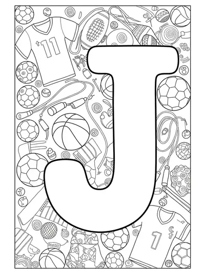Line art of a large letter J with soccer balls, jump ropes, jerseys, and sports gear, all with complex details.