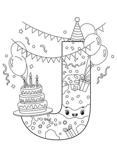 Coloring page with a large letter J, birthday cake, balloons, and confetti, suitable for elementary kids.