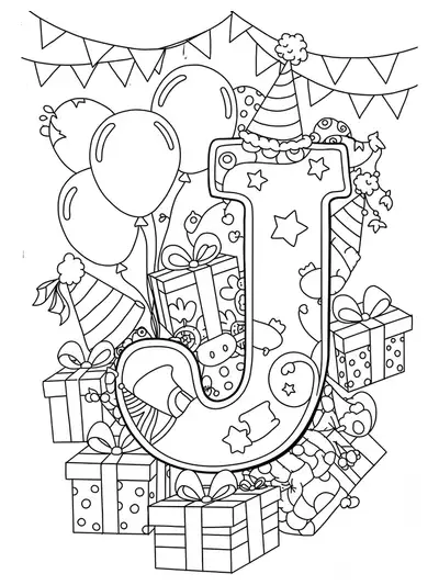 Line art of a large letter J decorated with balloons, gift boxes, and party hats, all with intricate patterns.