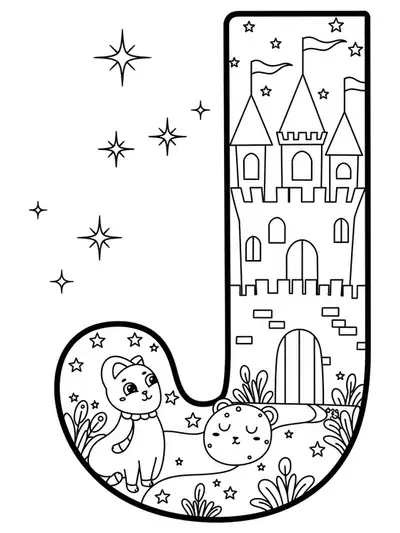 Letter J coloring page with a fairy tale castle and stars, designed for easy coloring by elementary kids.