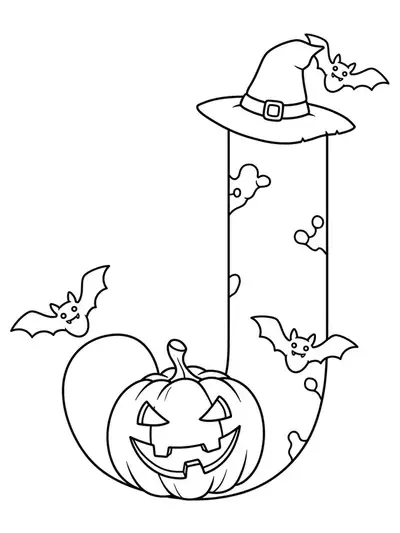 Halloween coloring page with a big letter J, smiling jack-o’-lantern, and bats for elementary students.