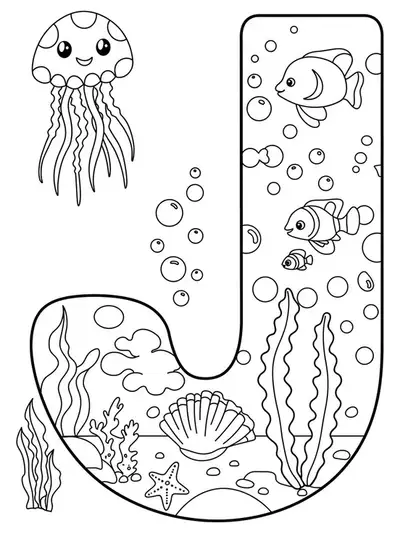 Letter J coloring page with happy jellyfish and ocean bubbles, designed for elementary children.
