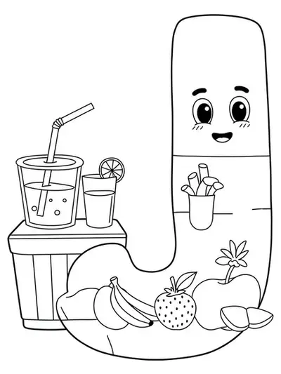 Coloring page with a big letter J, a juice stand, and a smiling juice cup with fruit, for elementary kids.