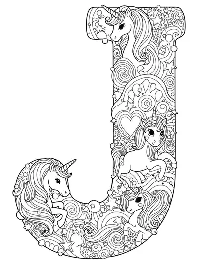 Line art of a large letter J with unicorns, swirly manes, stars, and magical patterns.