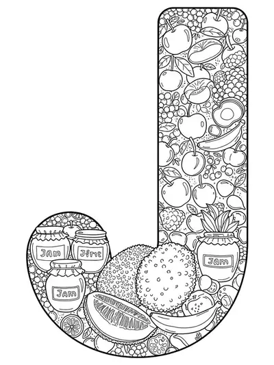Line art of a large letter J surrounded by a basket of fruits, jackfruit, and jars of jam with fine patterns.