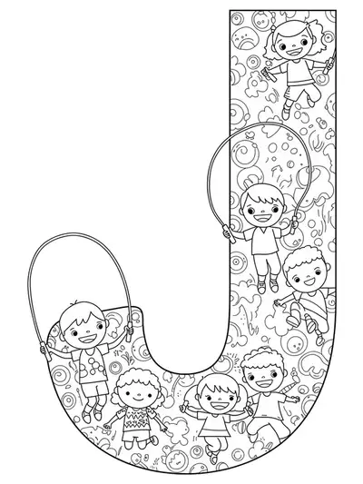 Line art of a large letter J with hopping children, jumping ropes, and detailed shoe patterns.