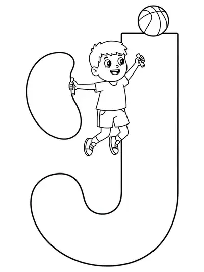 Coloring page showing a large letter J, a child jumping rope, and a basketball, tailored for elementary children.